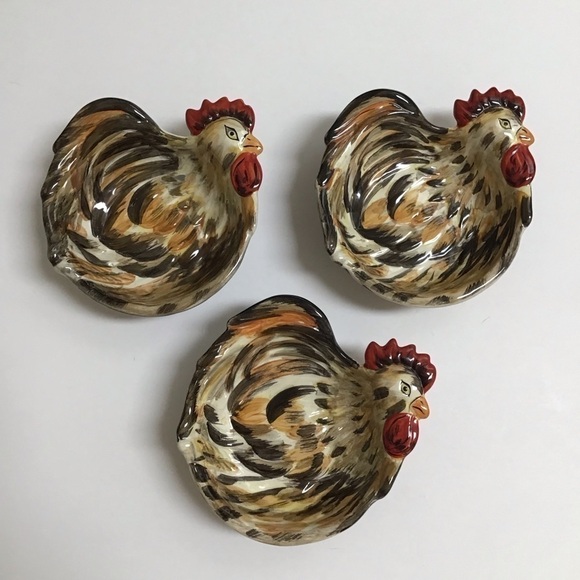 Rooster 3 Mini Dishes SET Hand Painted Ceramic Farmhouse Rustic Sonama Tabletops - Picture 1 of 13